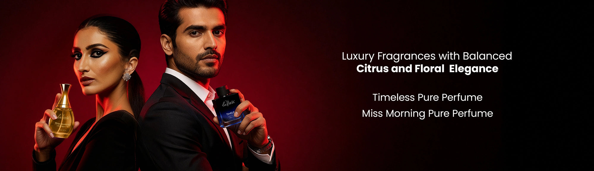 Two people holding perfume bottles with text about fragrances on a dark background