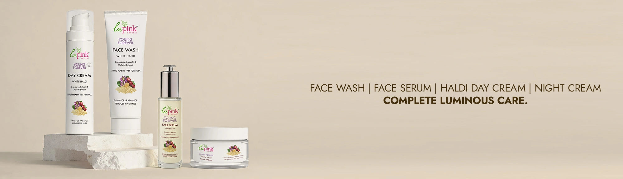 Cosmetic products including face wash, serum, day cream, and night cream on a beige background.