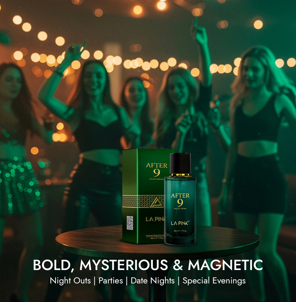 Perfume bottle and packaging with women dancing in the background
