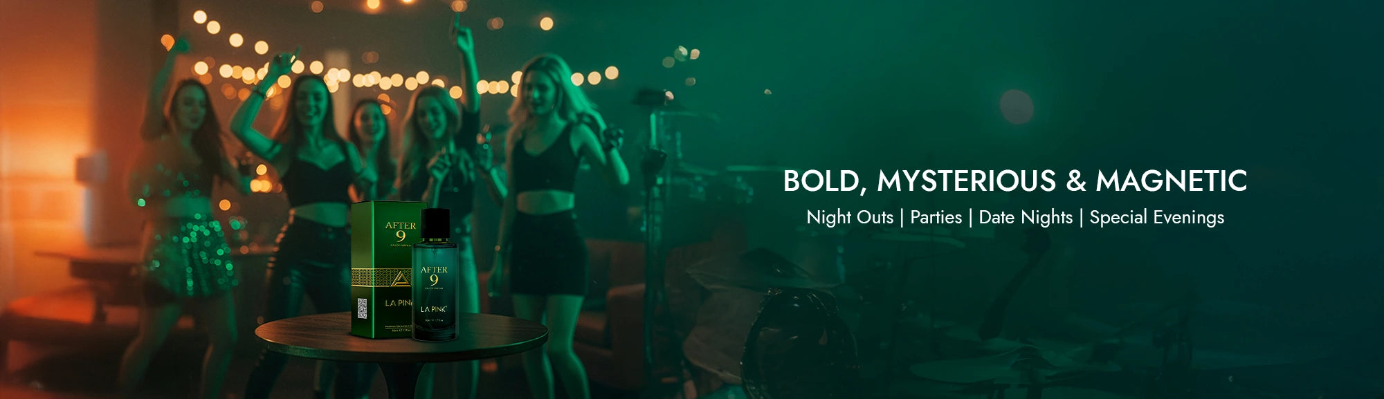 Group of women in green outfits dancing in a club setting with text overlay.
