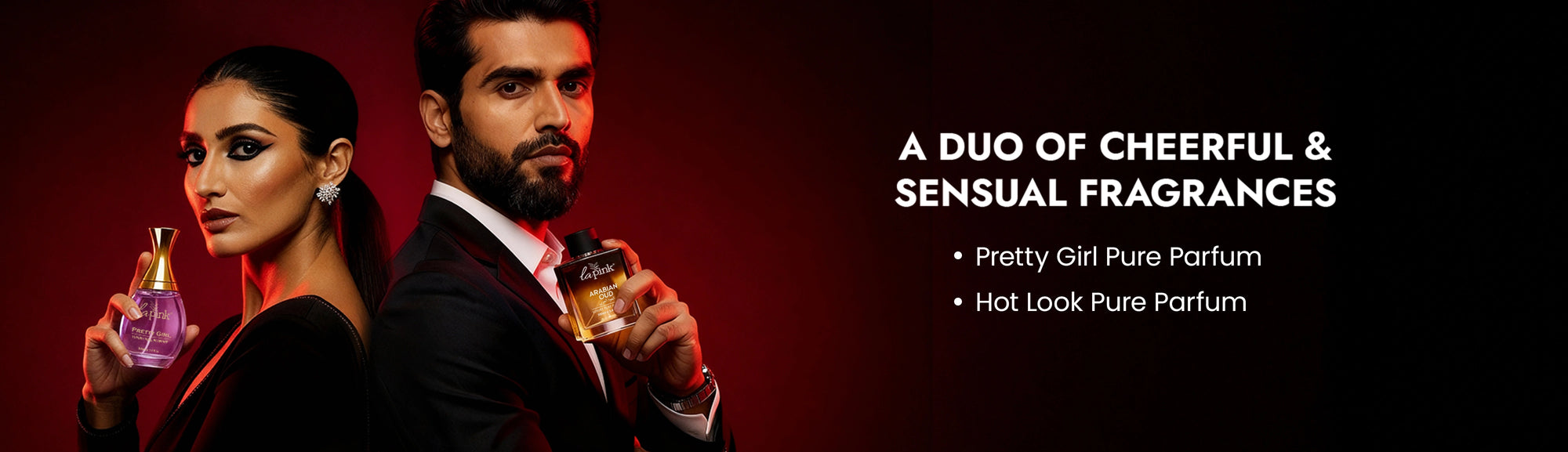 Two people holding bottles of perfume with text about fragrances on a dark background