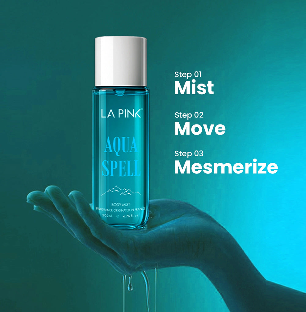 Blue bottle of 'LA Pink Aqua Spell' body mist held in a hand with steps displayed on a teal background