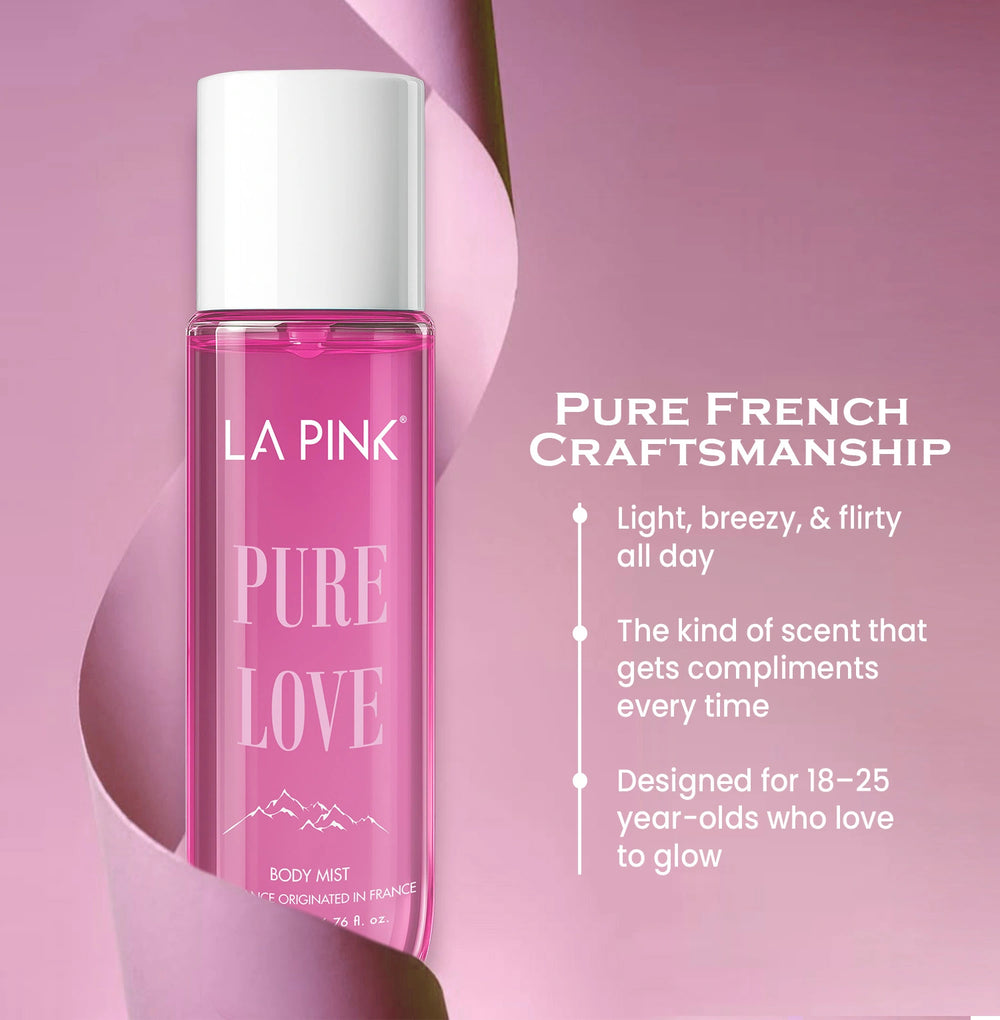 Pink bottle of 'La Pink Pure Love' body mist on a pink background with text about product features.