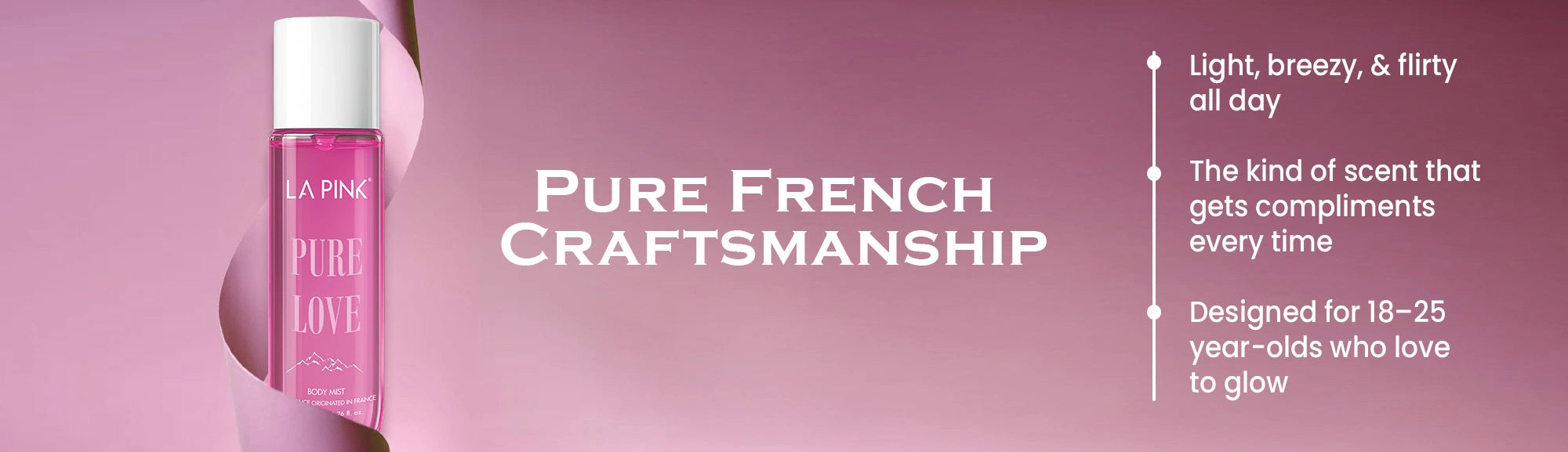 Pink perfume bottle with 'La Plume' branding on a pink background, featuring text about 'Pure French Craftsmanship'.