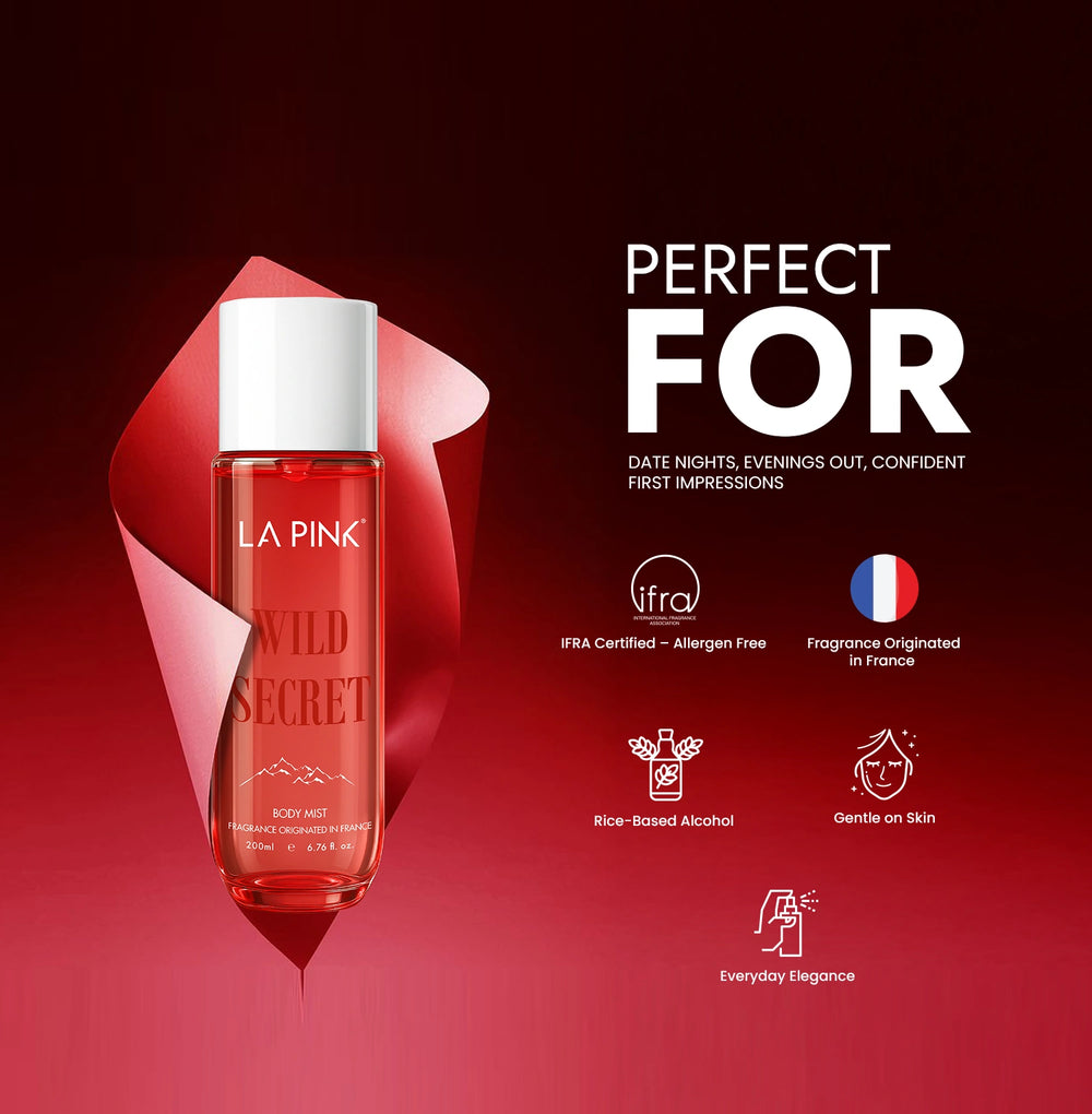 Red bottle of 'La Pink Wild Secret' on a red background with product features listed.