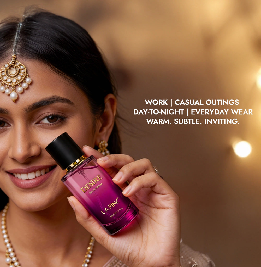Woman holding a purple perfume bottle with text about the product's versatility.
