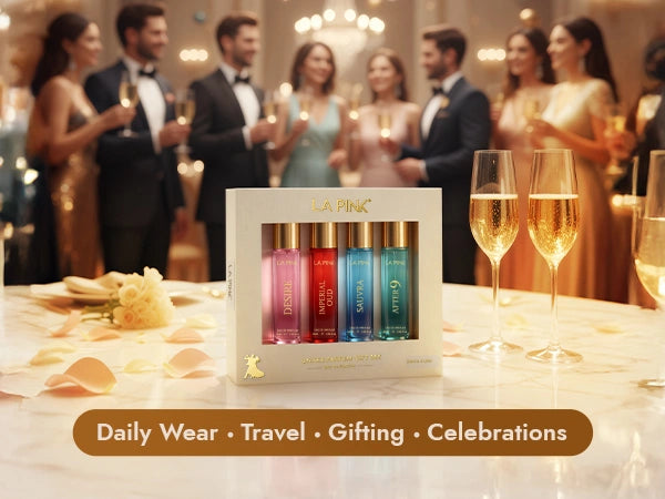 Set of skincare products in a box with champagne glasses on a table, people in formal attire in the background.