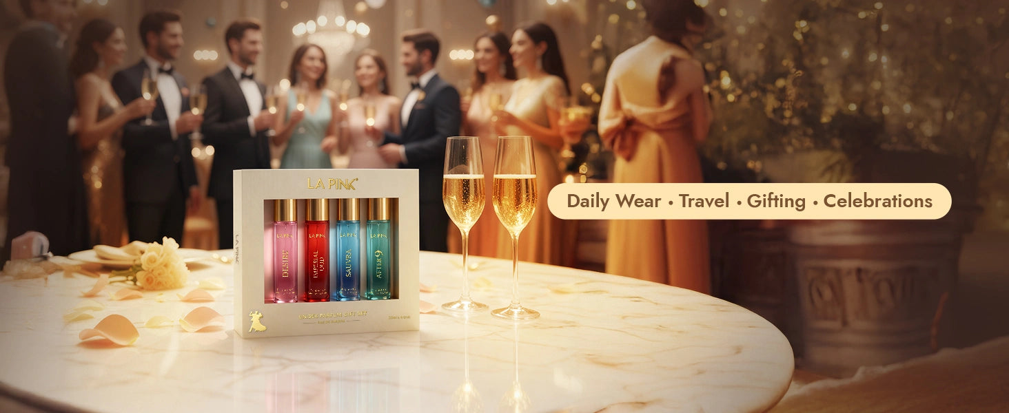 Luxury event with people in formal attire, champagne glasses, and a display of colorful bottles.