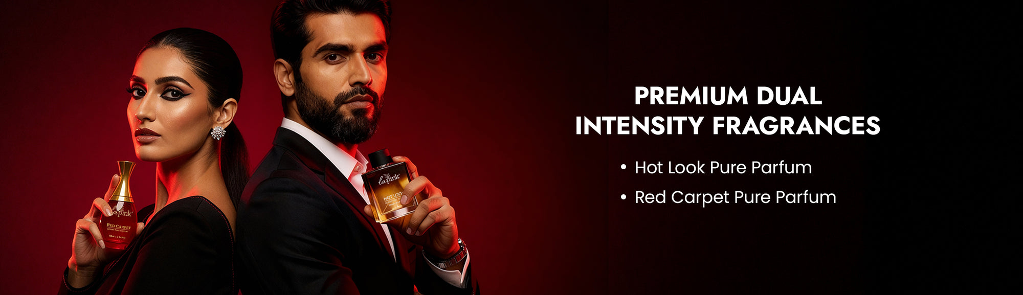 Two people holding perfume bottles with text about premium dual intensity fragrances on a dark background