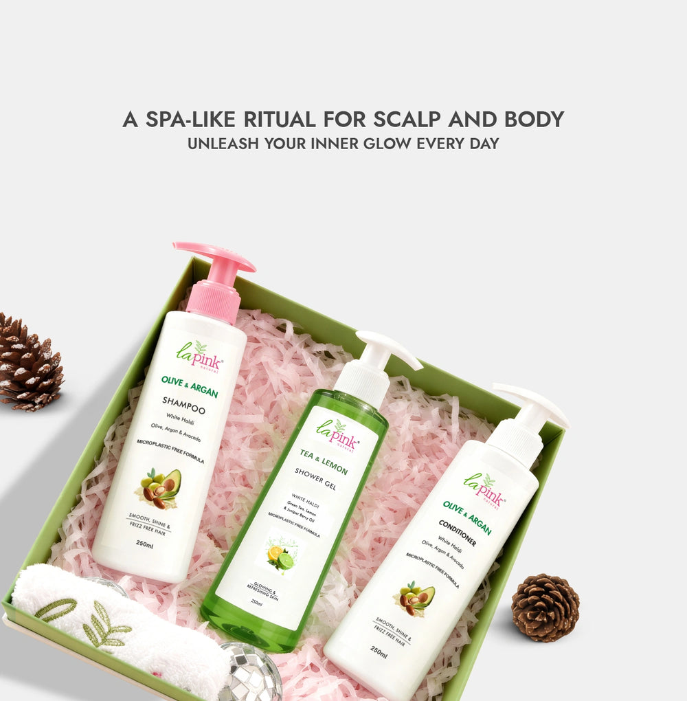 Set of La Fiançe hair care products in a box with decorative elements on a white background.