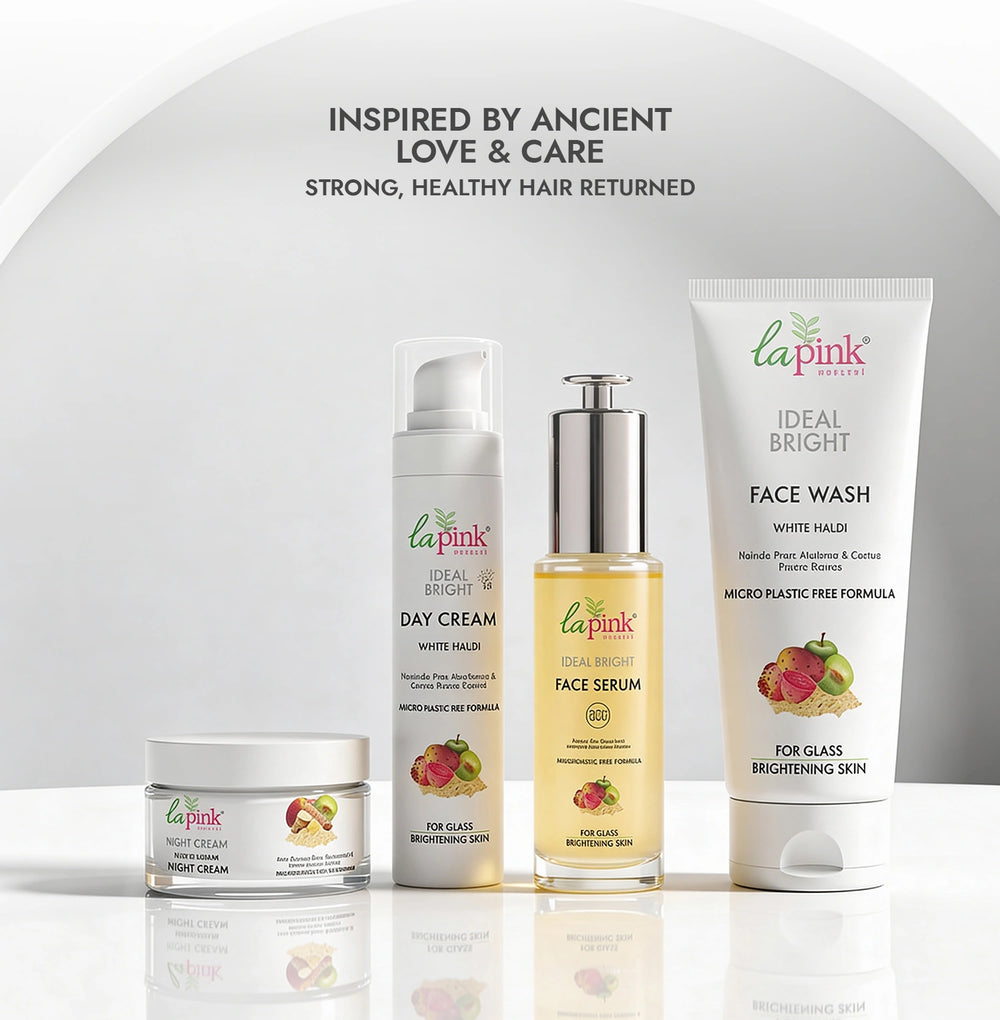 Set of La Pink skincare products including cream, serum, and face wash on a white background.