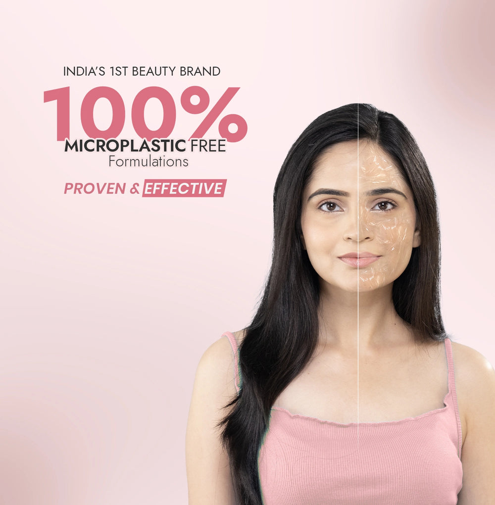 Woman with a split face showing before and after effects on a pink background with text about microplastic-free formulations.