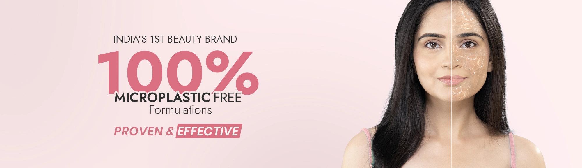 Woman with clear skin on a pink background with text about microplastic-free formulations.