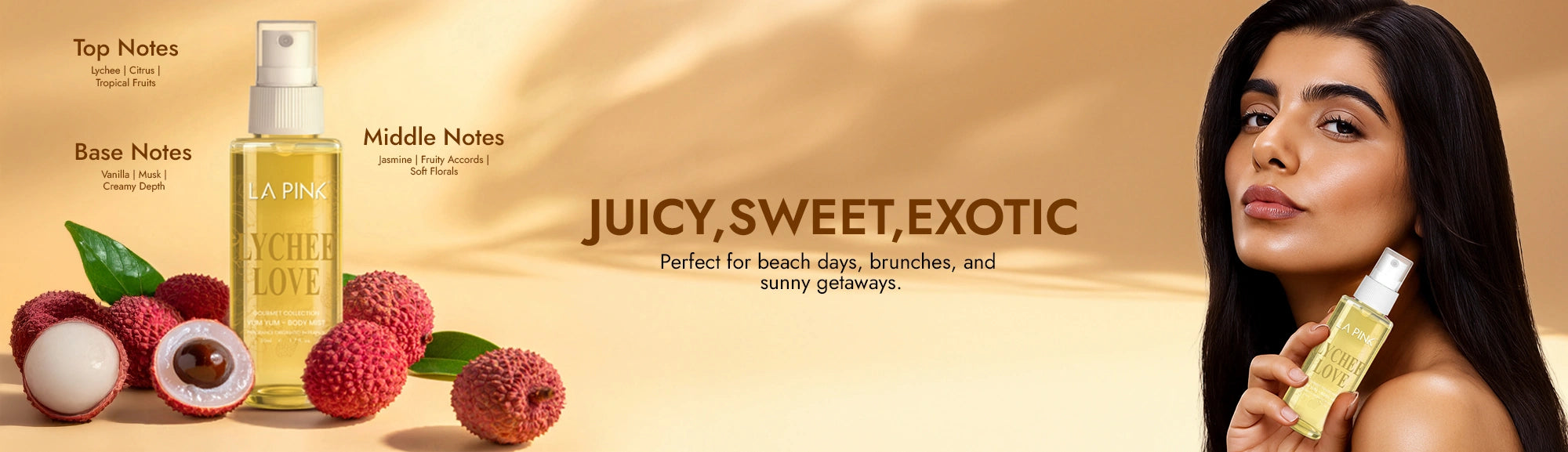 Advertisement for a perfume with a bottle, fruits, and a woman holding the product against a beige background.