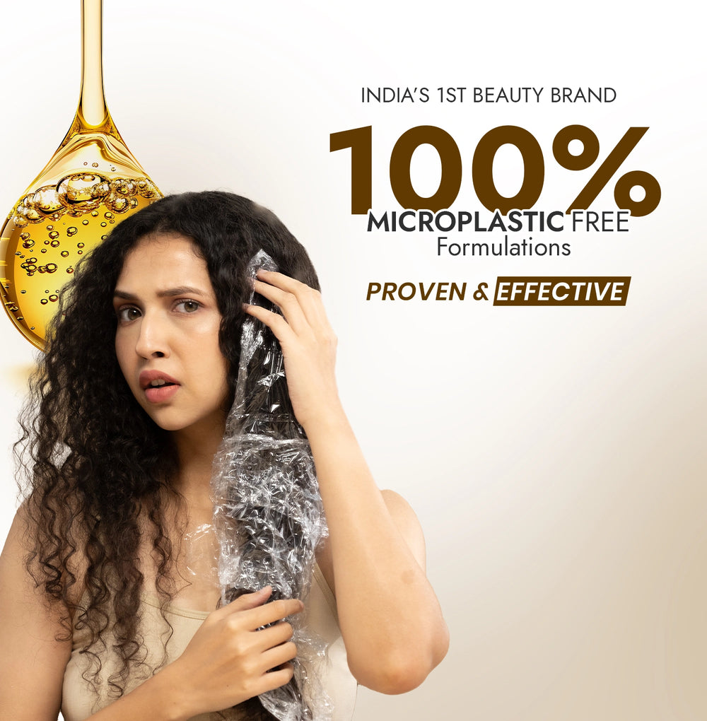 Woman with curly hair holding a plastic wrap, with text about a beauty brand's microplastic-free formulations.