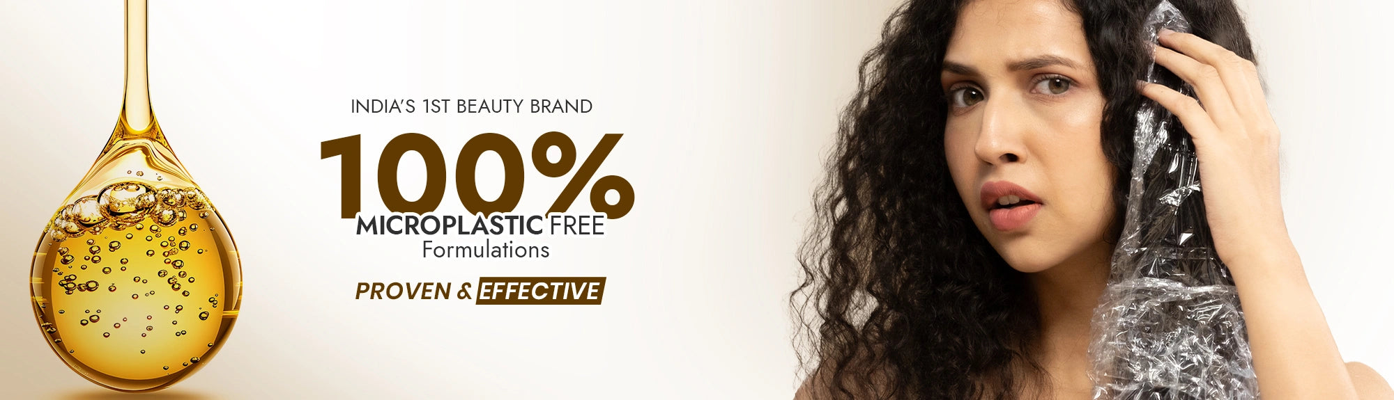 Woman with wet hair and a bottle of hair product with text about microplastic-free formulations.