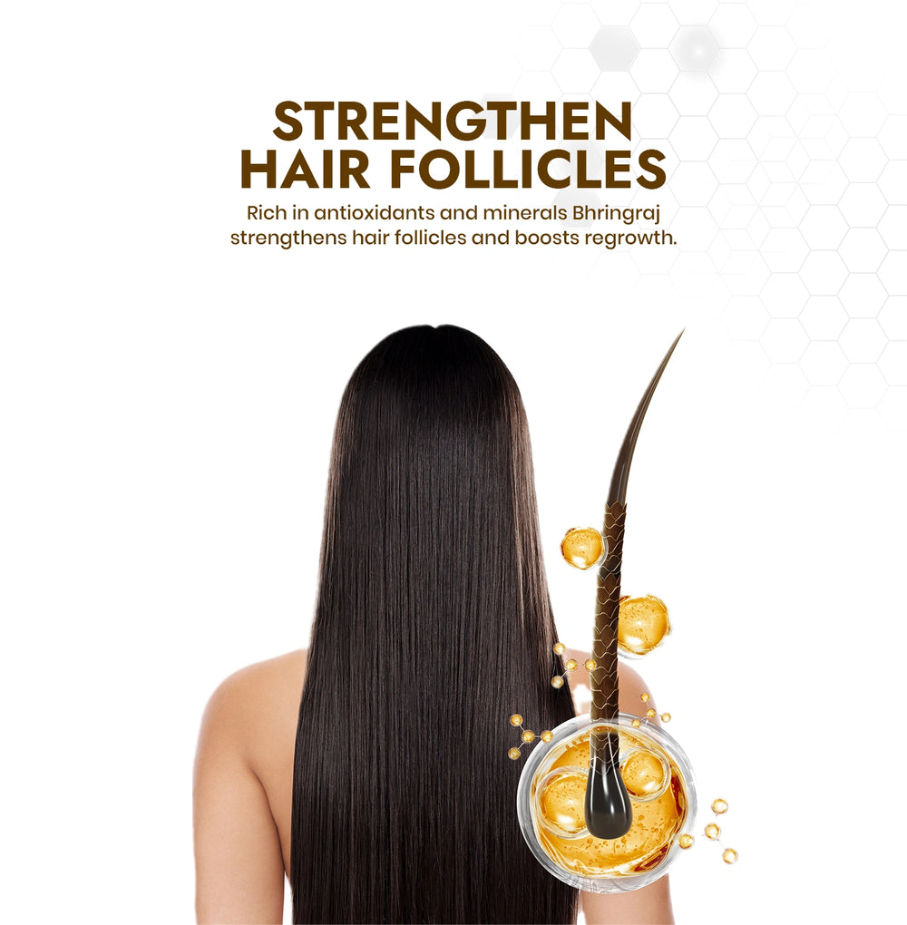 Advertisement for hair care product with long hair, oil droplets, and text about strengthening hair follicles.