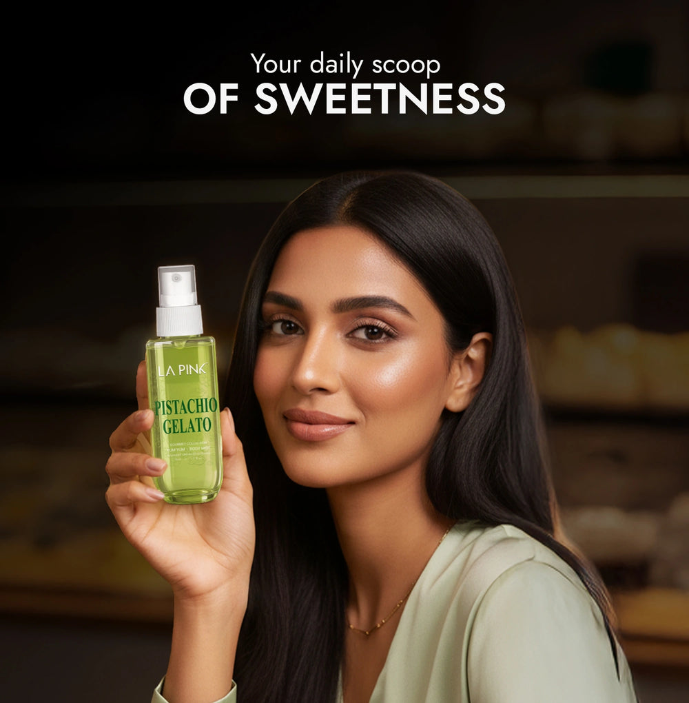 Woman holding a bottle of 'Pistachio Gelato' with text 'Your daily scoop OF SWEETNESS' on a dark background