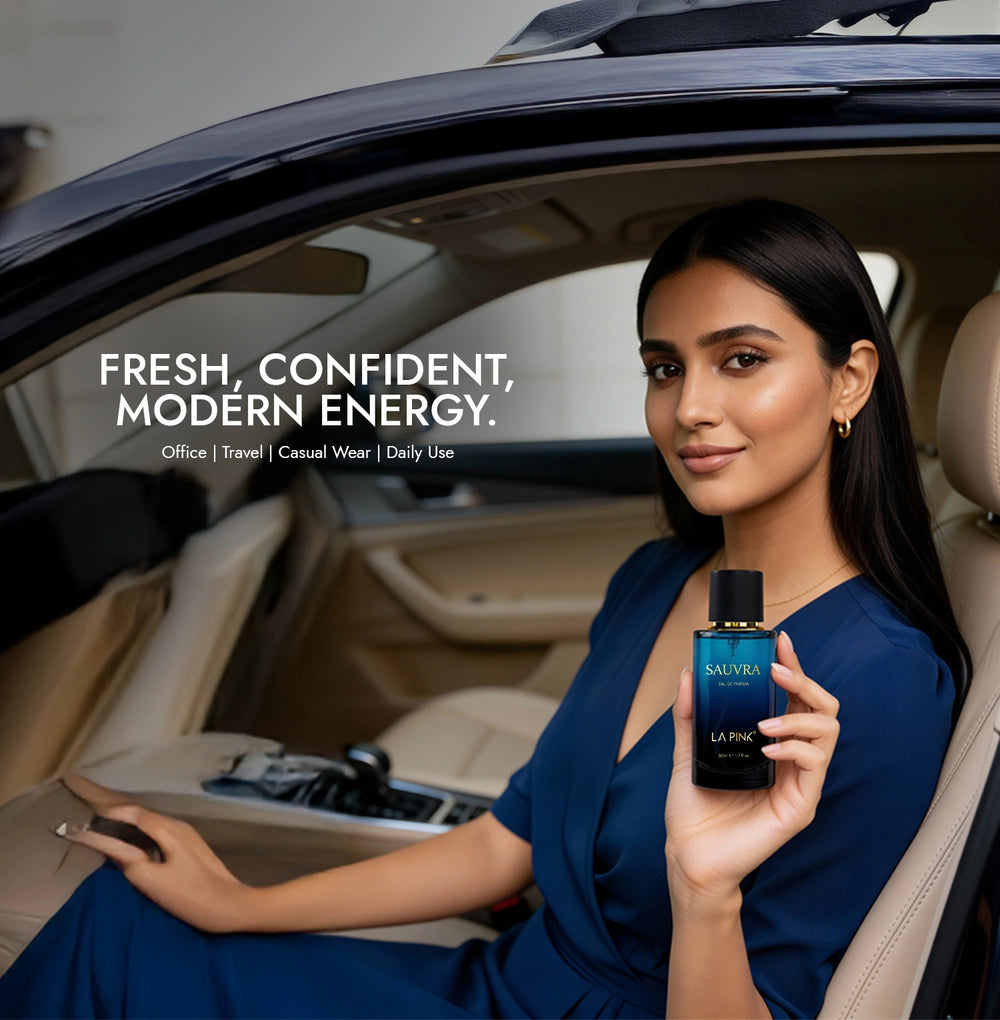 Woman holding a perfume bottle inside a car with promotional text about the product.