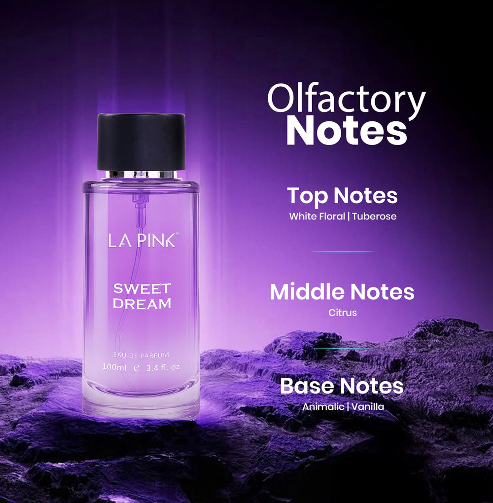 Perfume bottle labeled 'LA PINK Sweet Dream' with olfactory notes text on a purple background