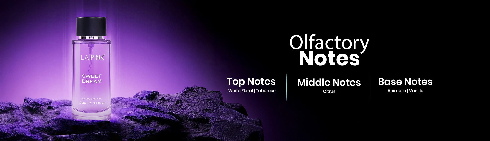 Bottle of perfume with 'Olfactory Notes' text on a dark background