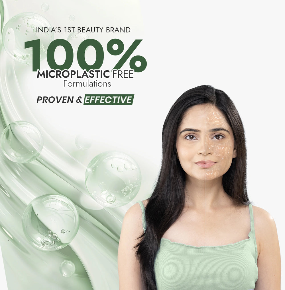 Woman with a split face showing before and after effects, with text about a 100% microplastic-free beauty brand.