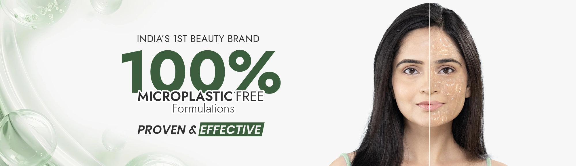 Woman with a clear face, promoting a beauty brand with text about microplastic-free formulations.