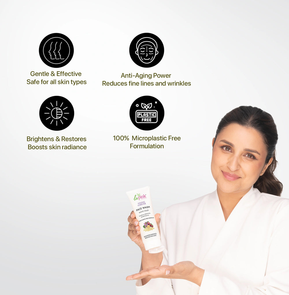 Woman holding a skincare product with icons and text about product benefits on a white background