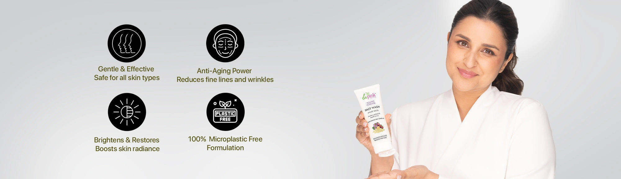 Woman holding a skincare product with icons and text on a light gray background