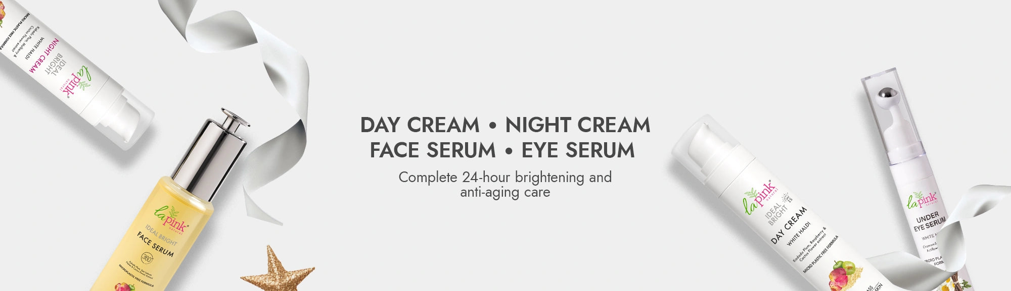 Skincare products including day cream, night cream, face serum, and eye serum on a white background.