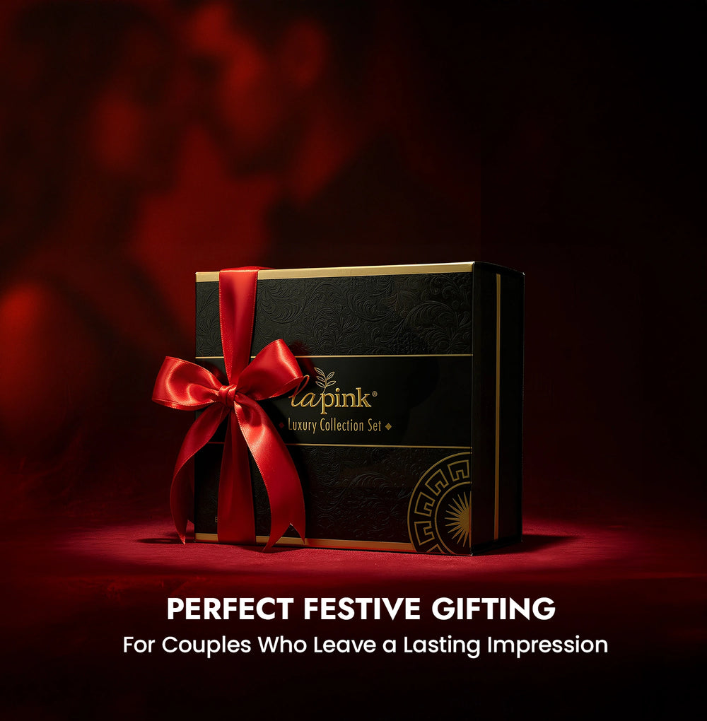 Luxury gift set with a red ribbon on a dark background, featuring the Lapink brand.