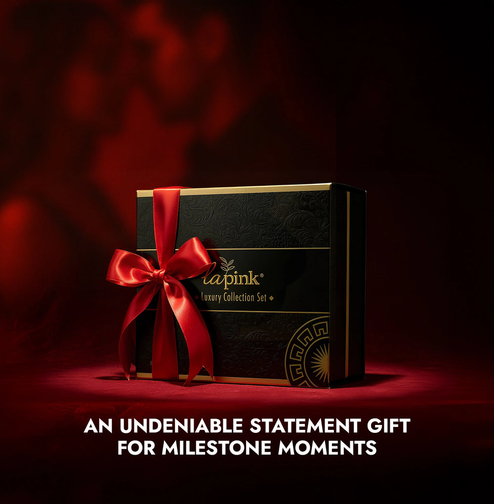 Luxury gift box with a red ribbon on a dark background, featuring the Lapink brand.