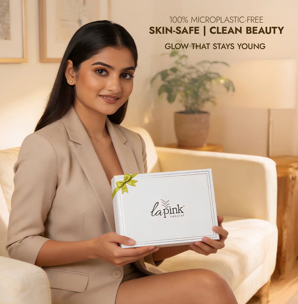 Woman holding a product box with 'lapink' branding in a home setting.