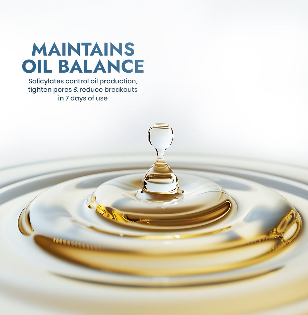 Gold droplet with ripples on a white background and text about oil balance.