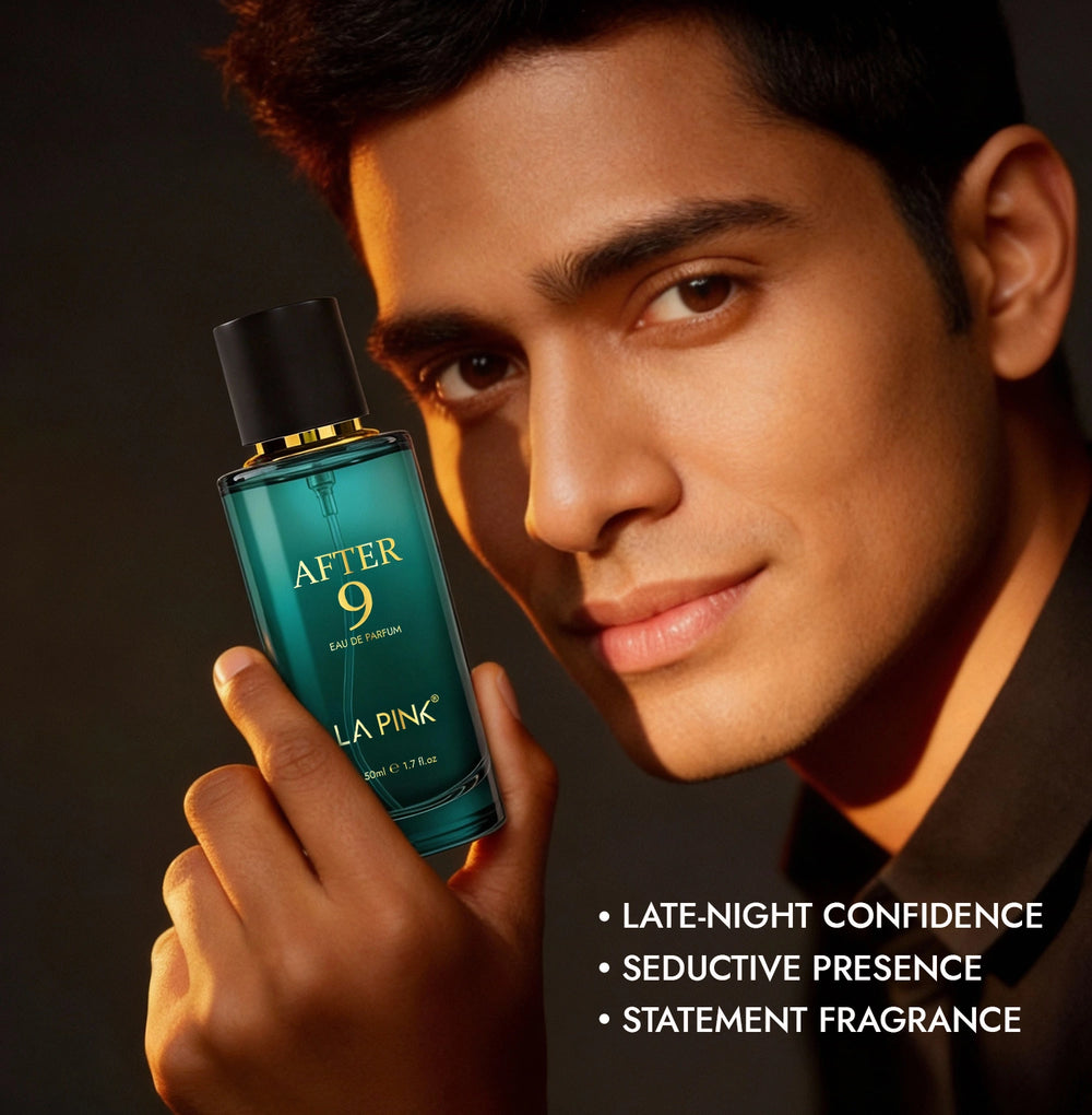 Man holding a bottle of 'After 9' perfume with product details on a dark background