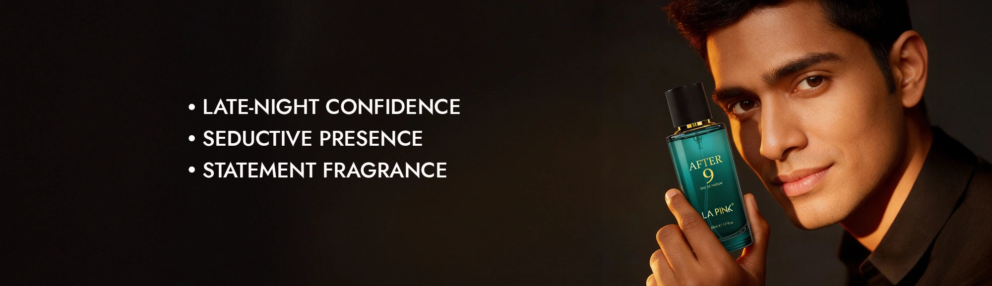 Man holding a bottle of aftershave with text on a dark background