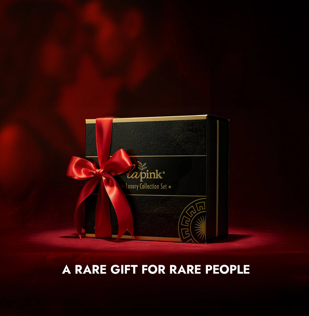 Luxury gift box with a red ribbon on a dark background, featuring the brand 'Lapink'.