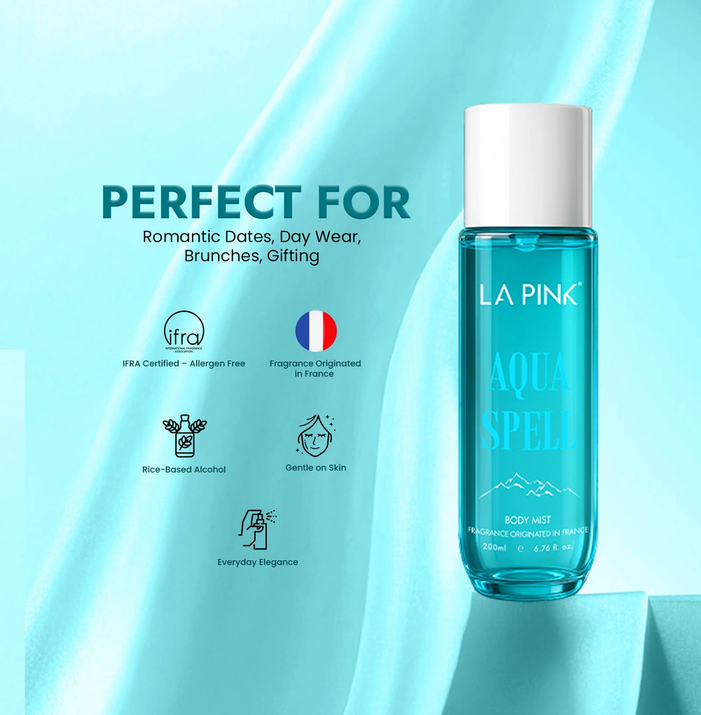 Blue bottle of 'LA PINK Aqua Spell' on a light blue background with product features listed.