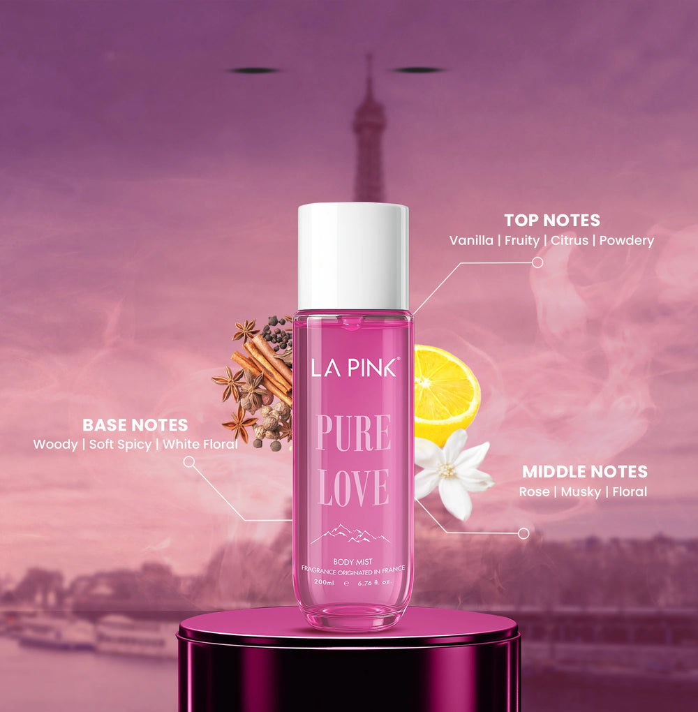 Pink bottle of 'La Pink Pure Love' with Eiffel Tower in the background