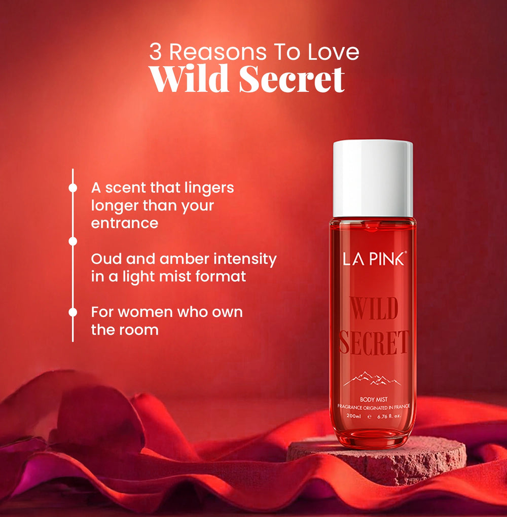 Red bottle of 'La Pink Wild Secret' body mist on a red background with text listing reasons to love the product.