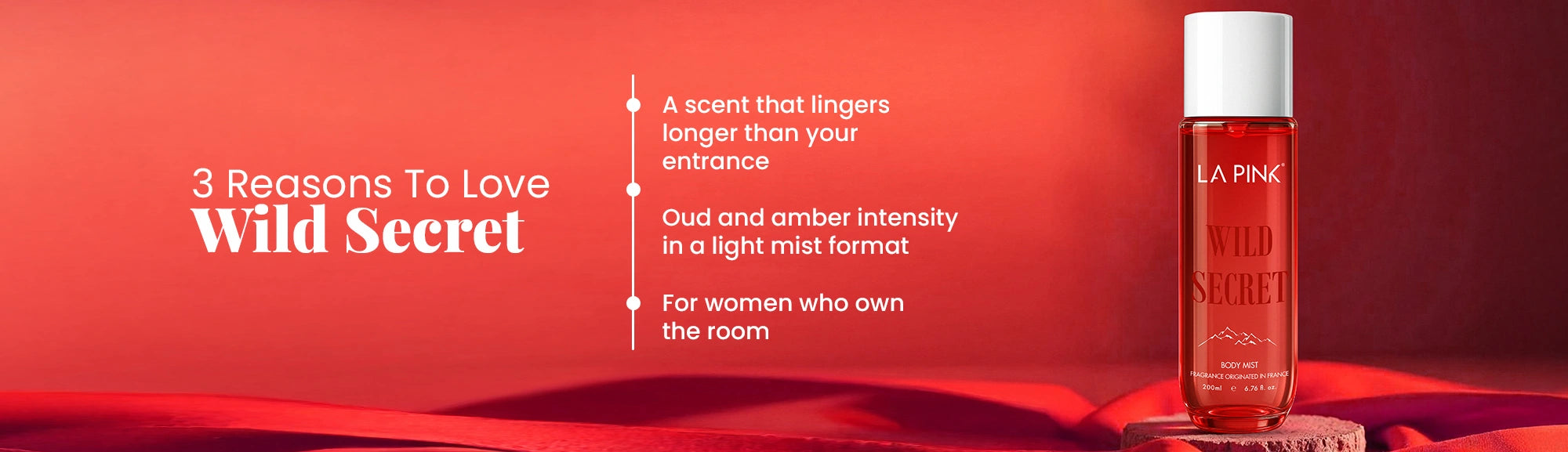Red bottle of Wild Secret perfume with promotional text on a red background