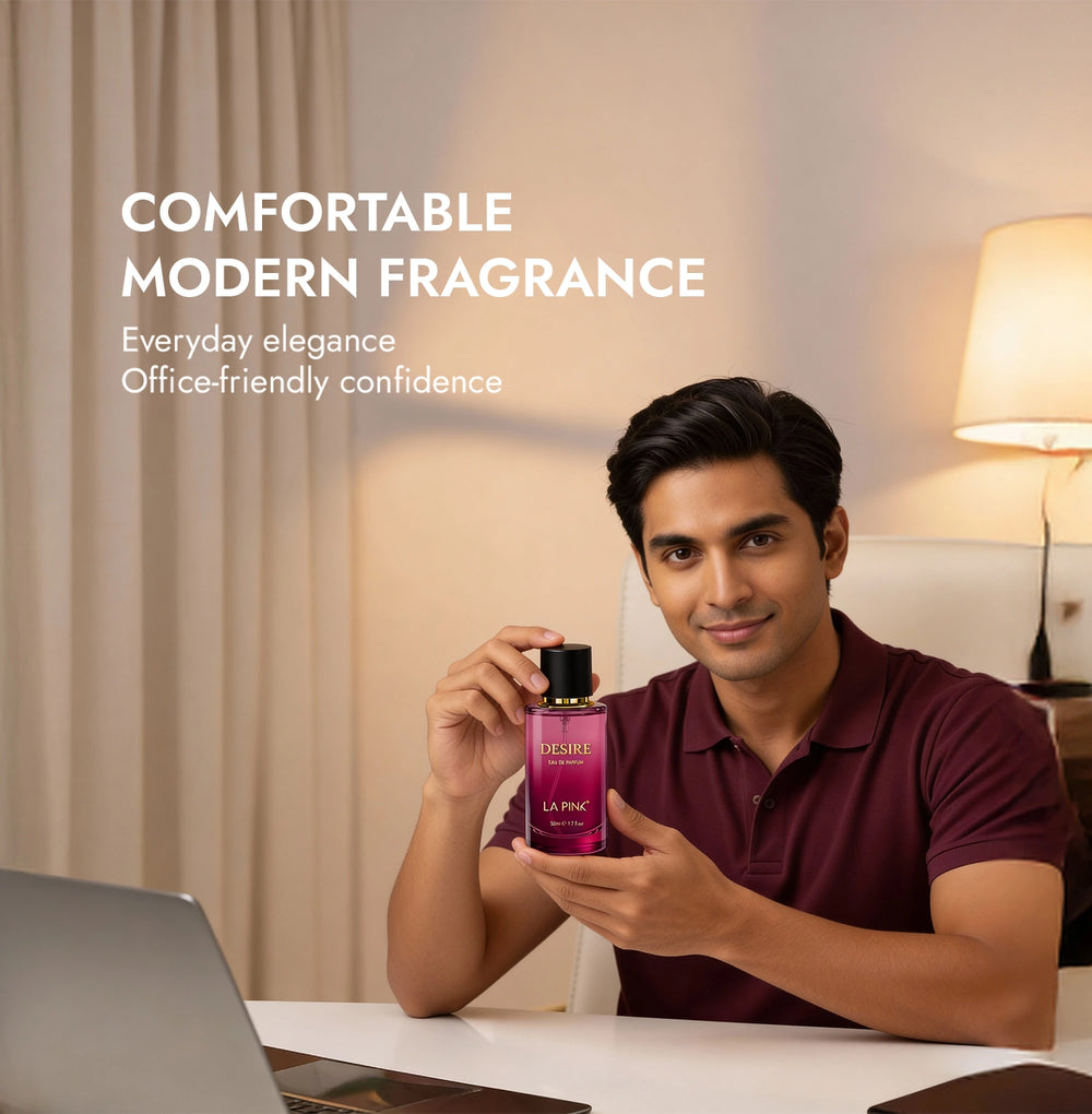 Man holding a pink bottle of La Rive perfume in a home office setting with text about fragrance.
