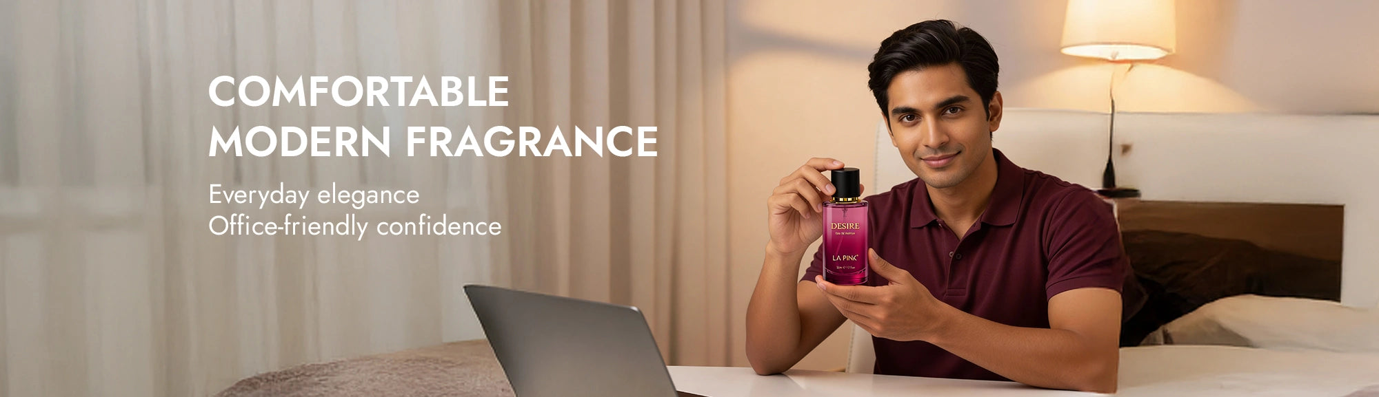 Man holding a perfume bottle with text about fragrance in a bedroom setting