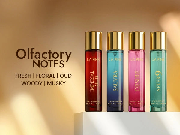 Four perfume bottles with gold caps on a beige background, featuring 'Olfactory Notes' text.