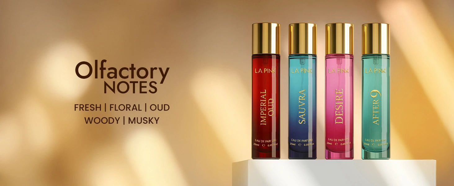 Five perfume bottles on a white pedestal with 'Olfactory Notes' branding and color descriptors.