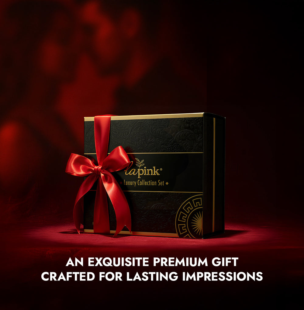 Luxury gift box with a red ribbon on a dark background, featuring the Lapink brand.