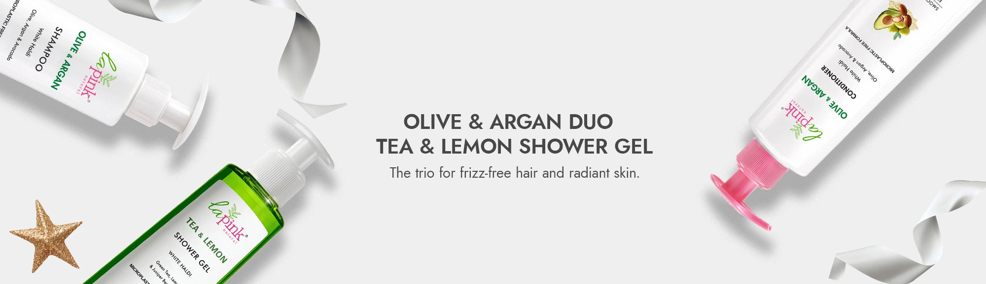 Tea and lemon shower gel with olive and argan duo packaging on a white background