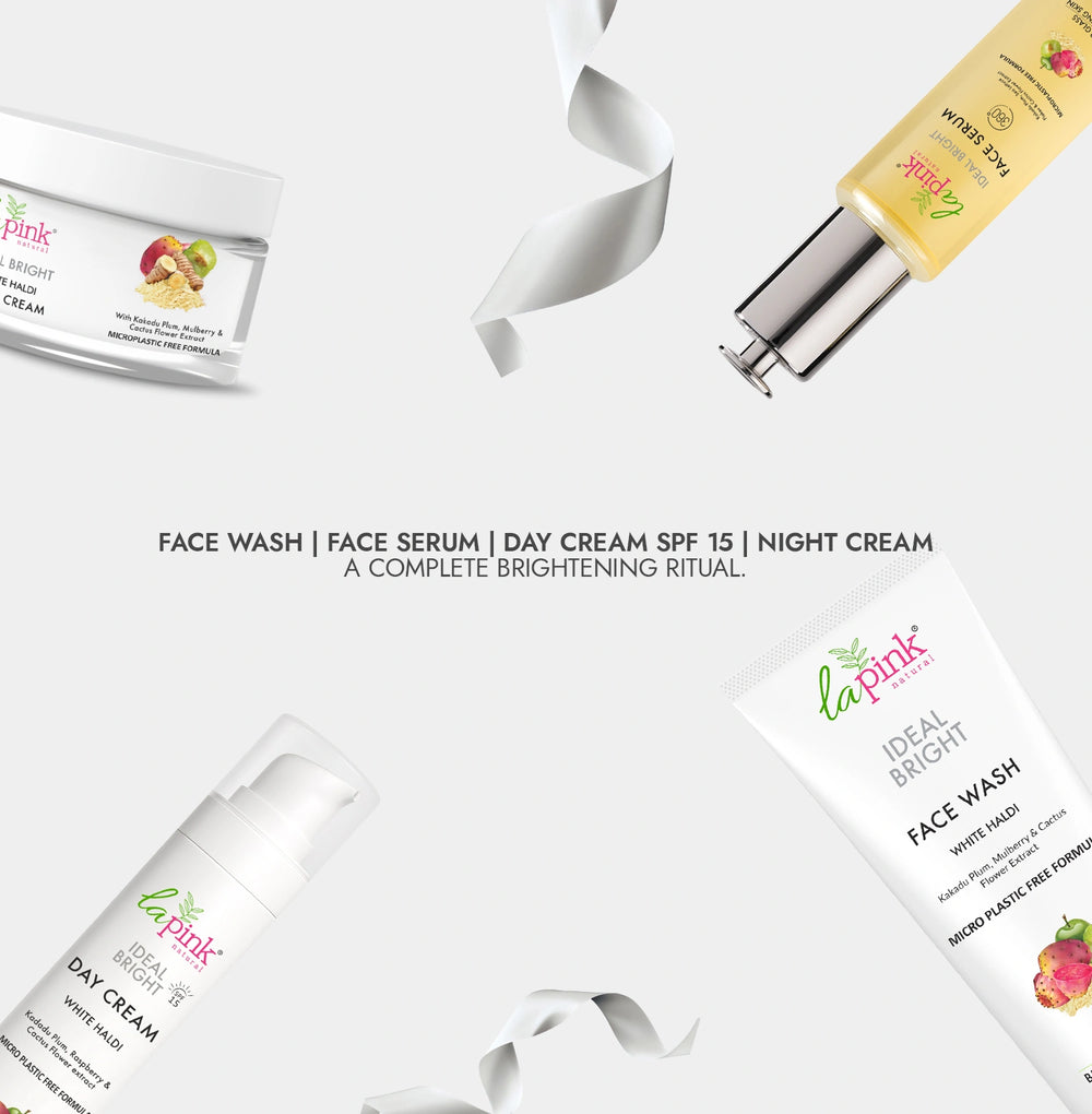 La Pink skincare products including face wash, serum, day cream, and night cream on a white background.