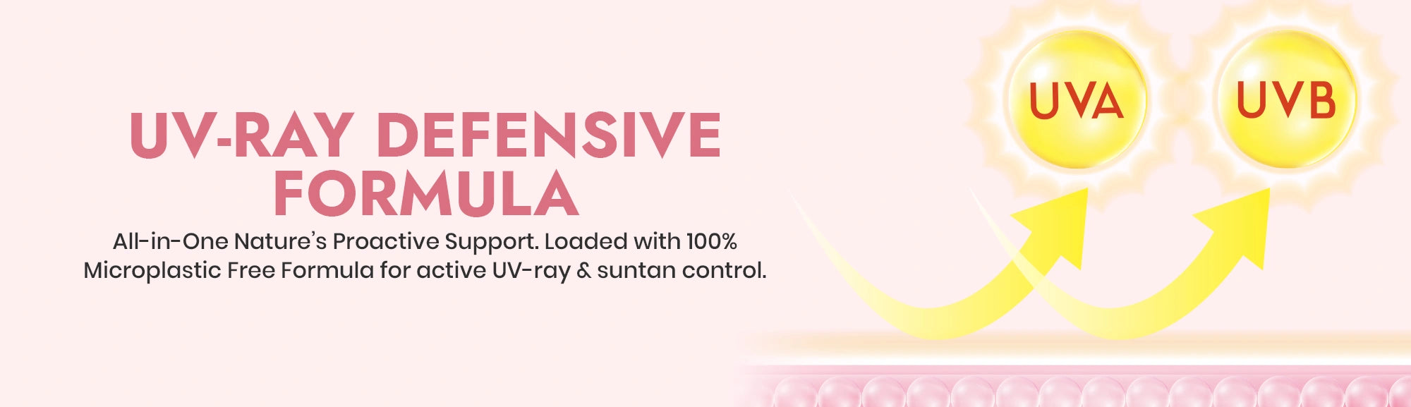 Advertisement for UV-ray defensive formula with UVA and UVB labels on a pink background.