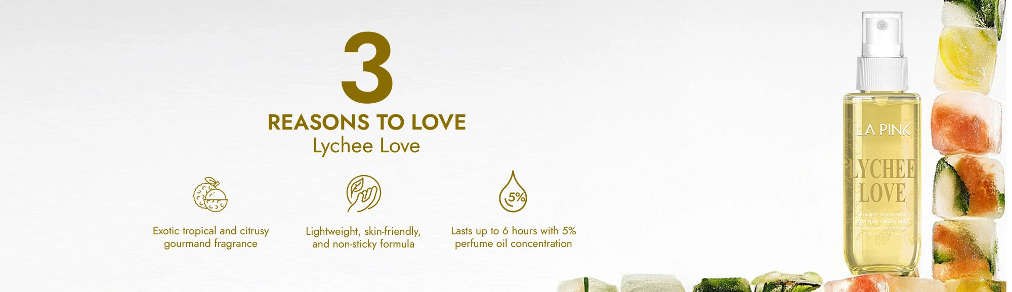 Advertisement for 'Lychee Love' with a bottle and lychee fruit on a white background